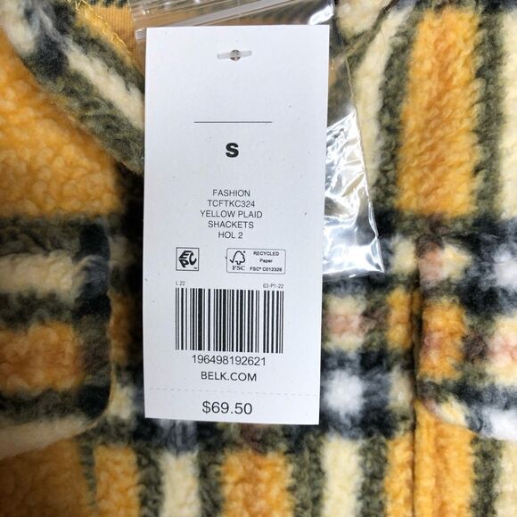 True Craft Juniors' Sherpa Shacket Cropped Yellow Yellow Plaid Size Small NWT - Picture 5 of 10